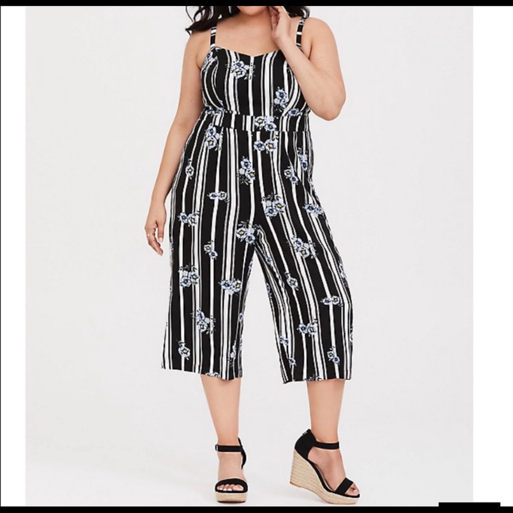 Torrid Black Floral Stripe Culotte Jumpsuit